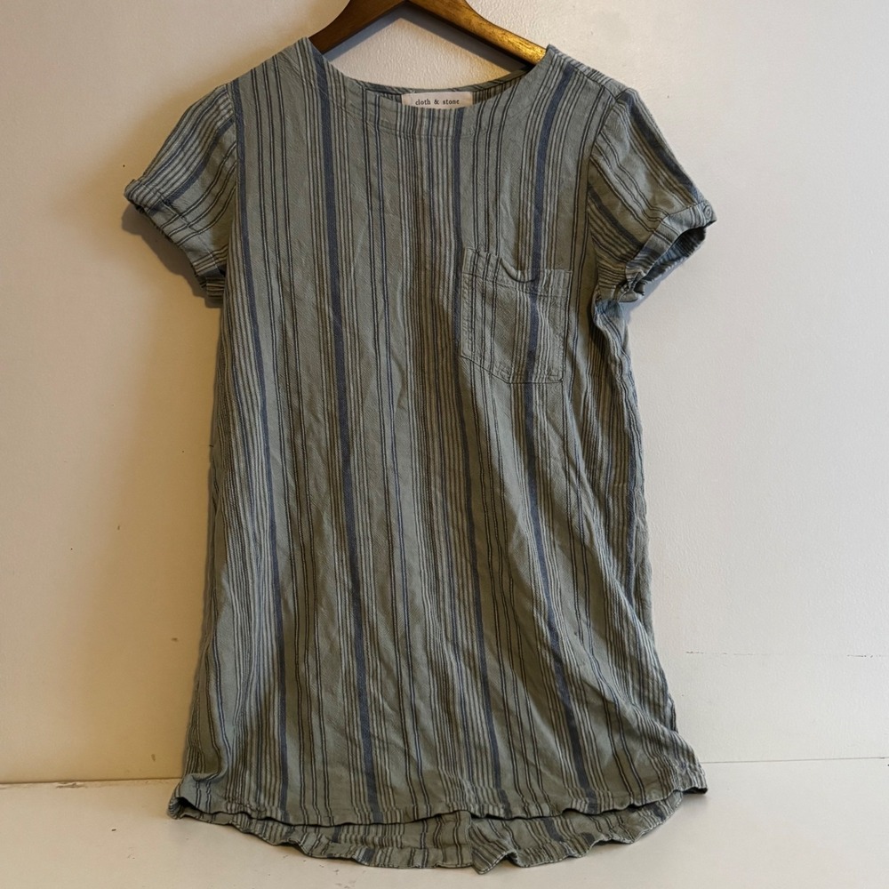 Cloth & Stone Women's XS Green Blue Striped Button Back Shift Dress Linen Blend